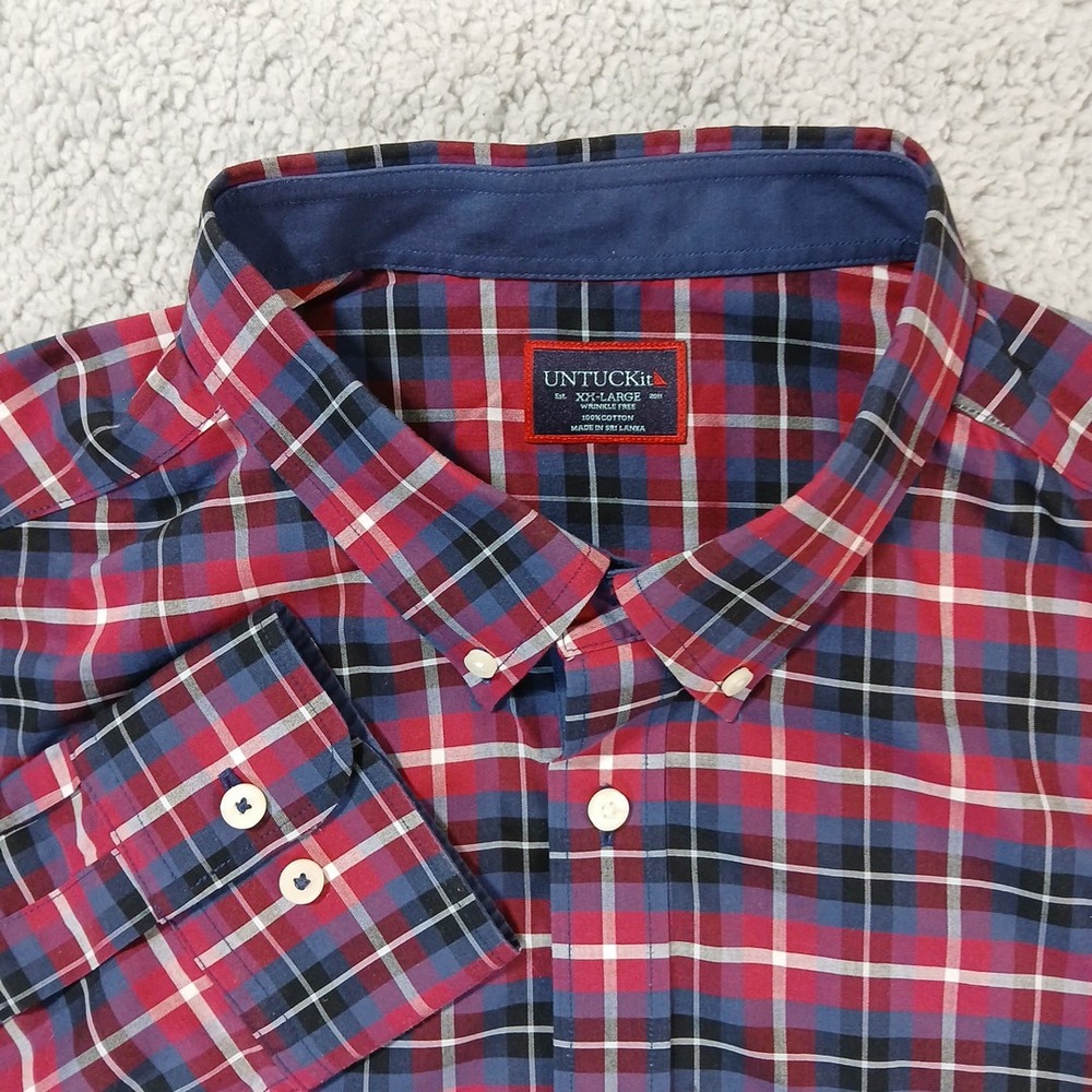 unTuck it Shirt Mens XXL blue Red White Plaid Button down 100% Cotton‎ Sleeve